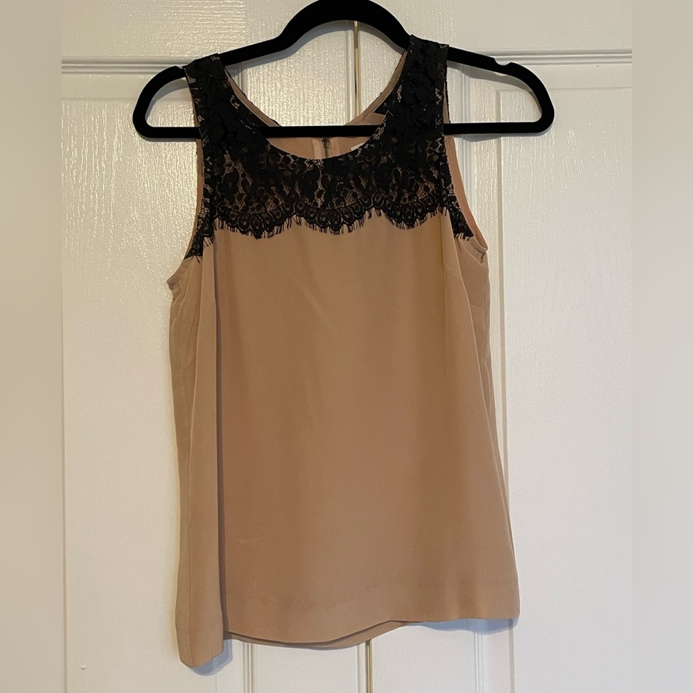 J. Crew Tan Blouse with Black Lace Detail